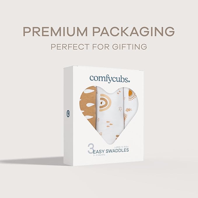 Comfy Cubs Easy Swaddle Blanket, 3 Pack - 100% Cotton Newborn Wrap, Large for 3-6 Months Infants, with Adjustable Velcro, Breathable and Durable Sleep Sack for Babies - Rainbow Bohemian