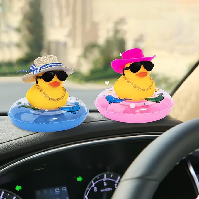 wonuu Car Rubber Duck, Yellow Duck Decoration Dashboard with Sun Hat Swim Ring Necklace Sunglasses for Car Dashboard Decorations