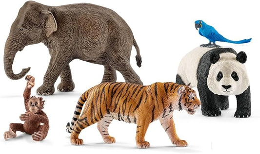 Schleich Wild Life - 5 PC Jungle Animals Figurines Toy Set with Elephant, Panda, Tiger, Parrot, and Baby Monkey Toys for Boys and Girls - Realistic Animal Figures Playset for Kids Ages 3+ - 77588
