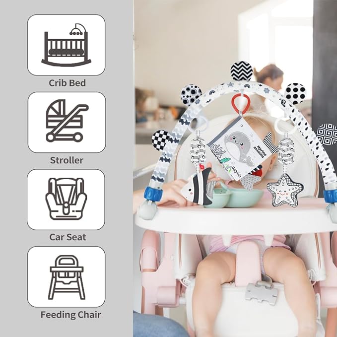 Baby Activity Travel Mobile Arch Bassinet Toy, Black and White High-Contrast Crib Toys, with Rattle and Book, Strolle,Pram and Crib Attachment with Hanging Toys (Ocean)