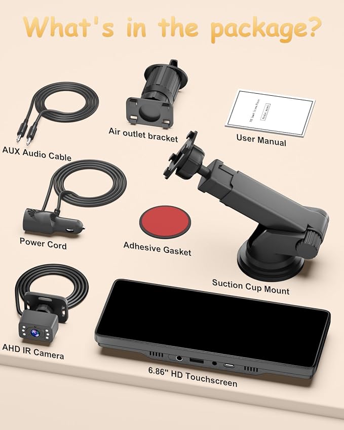 25HOURS YJ1 Baby Car Camera - 6.86" HD Car Baby Monitor Touchscreen with Apple CarPlay, 1080p Ultra IR Night Vision, 150° Wide Angle, Split Screen, 3X Zoom, GPS Navigation,FM,Siri, Plug-and-Play