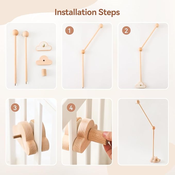 OESSUF Baby Crib Mobile Arm, 27 Inch Adjustable Wood Hanger, White Cloud Design, Nursery Mobile Holder for Cot Bed (Wooden)