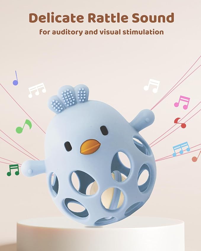 2-in-1 Baby Teething Rattle Toy, Sensory Grasping Teether for Infants 3-12 Months, 100% Food-Grade Silicone, Easy to Hold, Soothing & Developmental, BPA Free