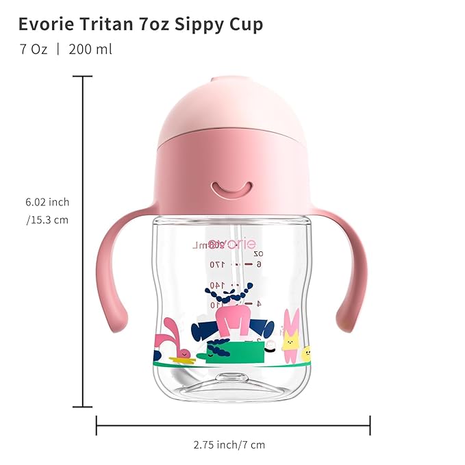 Evorie Tritan Weighted Straw Sippy Cup with Handles for Baby and Toddlers, Spill Proof Baby Water Bottle with Straw for 6 months and up, 7 Oz, Infant Training Water Bottle (Pink Fairy tale)
