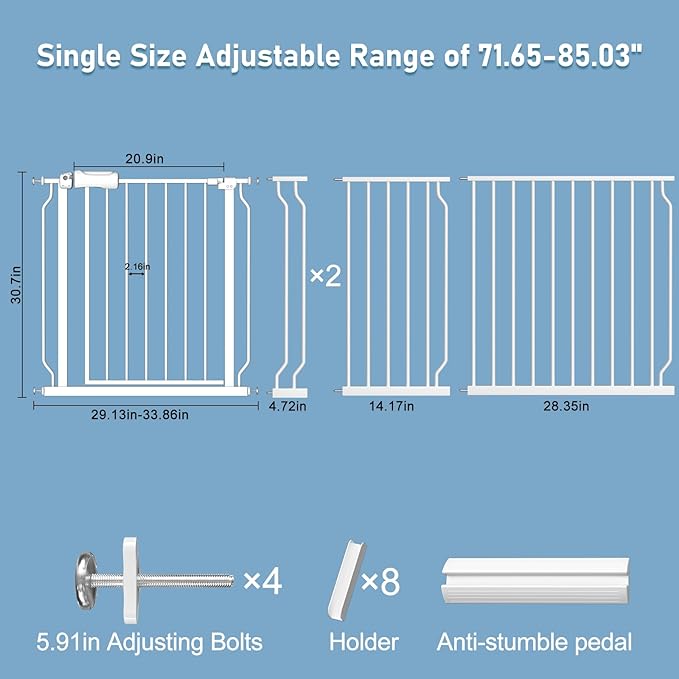 ALLAIBB Extra Wide Pressure Mount Baby Gate Auto Close White Metal Child Dog Pet Safety Gates with Walk Through for Stairs,Doorways,Kitchen and Living Room (71.65-85.03"/182-218cm)