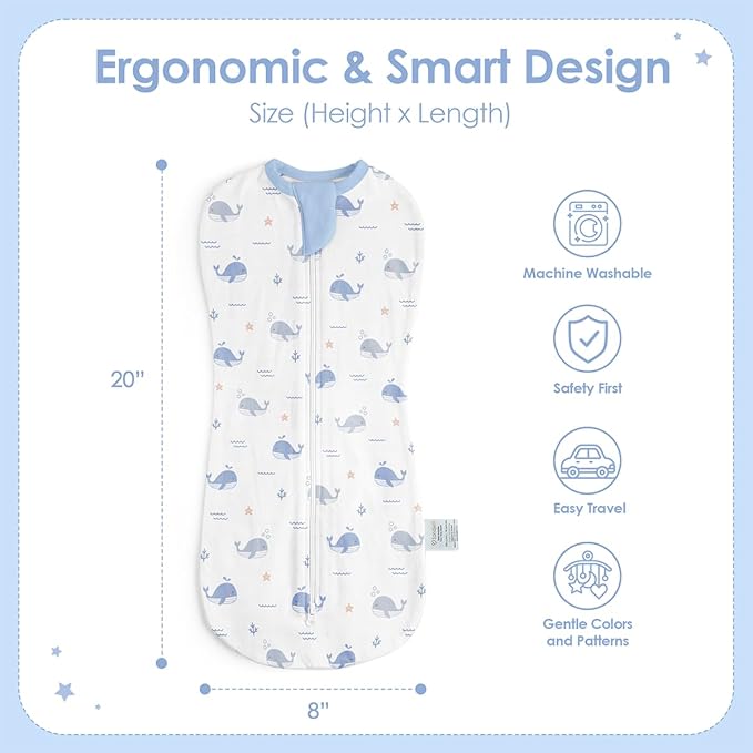 Baby Swaddle 0-2 Months, Cotton Arm-In Zipper Sleep Sack, Wearable Blankets Wrap for Newborn Infant Girls and Boys (Whale, Pack of 1)