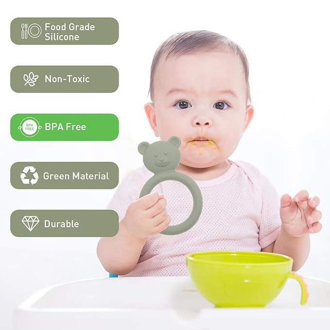 Silicone Baby Teether, Teething Toy Ring for Babies, Easy to Hold Design, BPA Free (Sand + Light Grey)