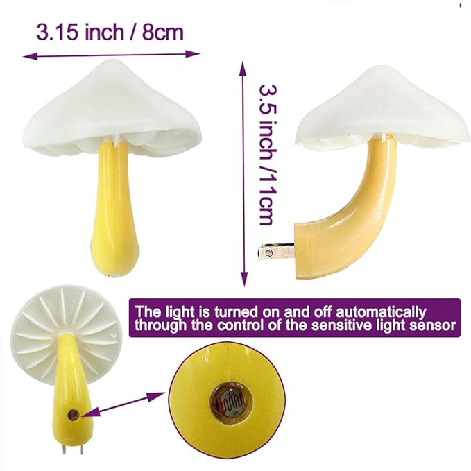 [3 Pack Plug-in LED Mushroom Night Light Lamp with Dusk to Dawn Sensor,Plug in Bed Cute Nightlight lamp Wall Baby Lights for Kids Children (7-Color)