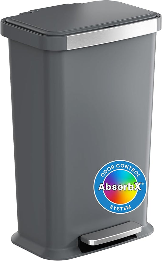 iTouchless SoftStep 13.2 Gal / 50L Step Pedal Kitchen Trash Can with Odor Filter, Durable Dent-Proof Construction and Stainless Steel Trim, Garbage Bin with Lid for Home Office, Bedroom, Gray Plastic
