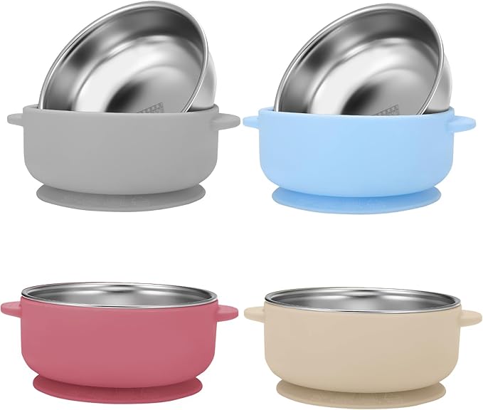 4 Pack Stainless Steel Baby Bowls with Removable Non-Slip Silicone Suction Shell, Anti Scald Food Container for Baby Food Feeding-Skyblue/Gray/Red/Cream