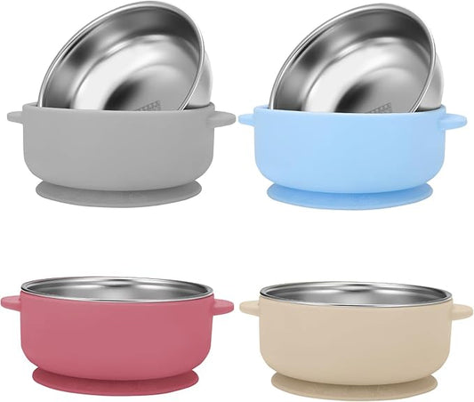 4 Pack Stainless Steel Baby Bowls with Removable Non-Slip Silicone Suction Shell, Anti Scald Food Container for Baby Food Feeding-Skyblue/Gray/Red/Cream