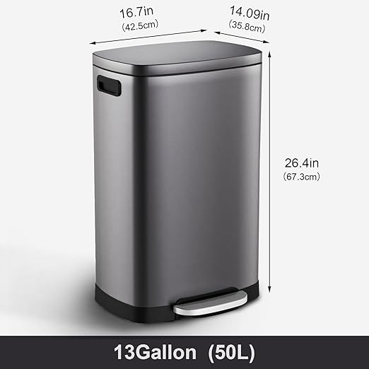 ELPHECO Kitchen Trash Can with Lid Soft Close, 13 Gallon / 50L Stainless Steel Pedal Garbage Can, Heavy-Duty Step Wastebasket with 20 Bags, Removable Bucket, Home Office, Titanium Black