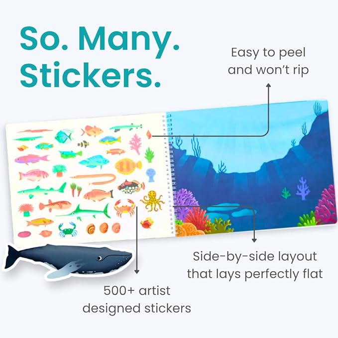 Cupkin Ocean Sticker Book Activity for Kids, Toddler Airplane Travel Essentials, 500+ Shark Stickers for Kids + 12 Scenes + 12 Coloring Book Pages, Deep Blue Sea Gift, Kid Crafts Ages 2-8