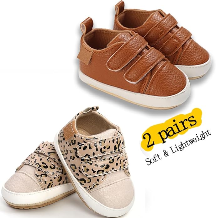 2Pairs Baby Shoes,Boys Girls Non-Slip Rubber Sole Sneakers,Unisex Infant Soft Lightweight First Walking Crib Shoes