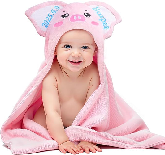 Custom Hooded Baby Towel with Name, Soft and Absorbent Customized Pig Toddler Towels, Baby Bath Towels for Boys and Girls, Easter Birthday Towel for Kids，Babies, Toddlers, Newborns Essential