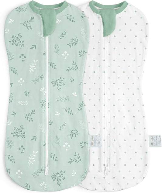 Baby Swaddle 0-2 Months, Cotton Arm-In Zipper Sleep Sack, Wearable Blankets Wrap for Newborn Infant Girls, Boys (Green Leaves, Polka Dots, Pack of 2)