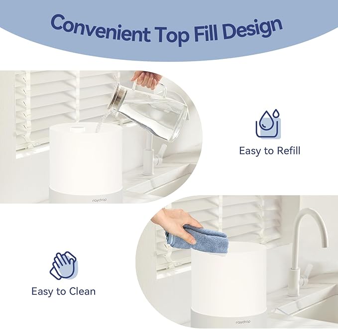 raydrop Humidifiers for Bedroom, 3.0L Cool Mist Humidifiers for Large Room & Home, Top Fill Air Humidifier for Baby Nursery & Plants, Essential Oil Diffuser with Color Lights, Timer, Auto Shut-Off