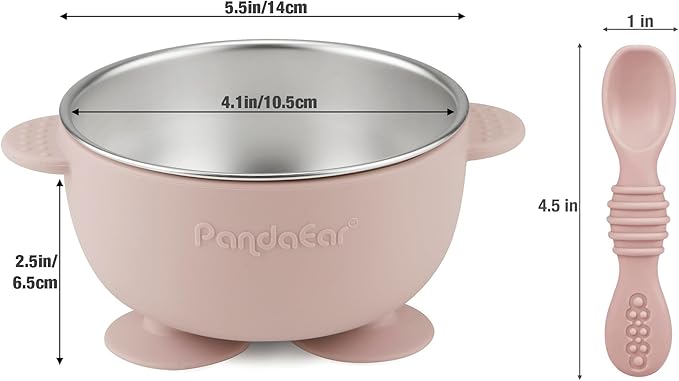 PandaEar 3 Pack Stainless Steel Suction Baby Bowls & 3 Baby Feeding Spoons | Non-Slip Stay Put Bowls & Soft Silicone First Stage Spoons for Toddlers, BPA-Free Baby Led Weaning Set (Pink White)