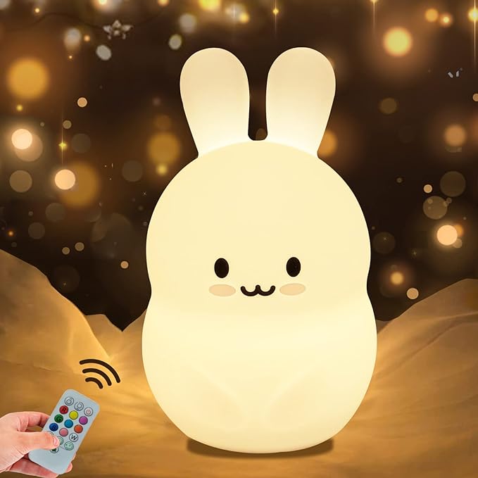 WHA&DARREN Large Rabbit Night Light for Kids,Cute Baby Night Light, Silicone Bedside Lamp,Sleep LED Lights, Eye Caring, Adjustable Brightness & Color, Time Setting, Touch Control & Remote Control