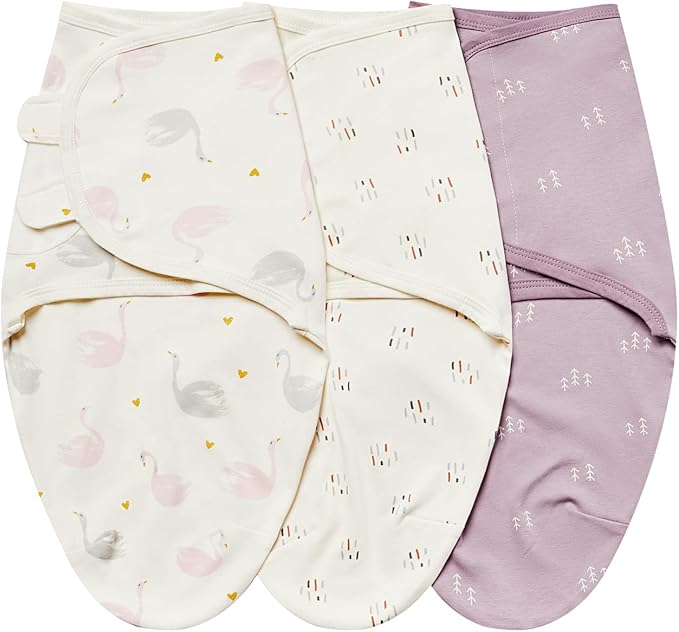 insular Baby Swaddle Wrap, Swaddle Blanket for Newborn and Infant, Adjustable Velcro Swaddling Set for Boy and Girl, Soft Cotton Baby Sleep Sack 3 Pack, Beige Swan, Small(0-3 Month)