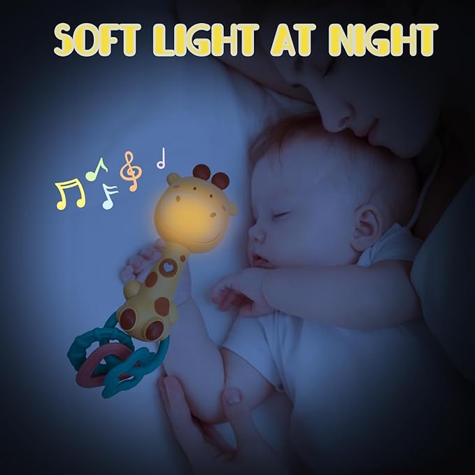 Bright Yellow Giraffe Baby Musical Rattle Toy - Light-Up Teether & Sensory Chew, BPA-Free Soft Rubber, Baby Shower & 1st Birthday Gift for 6-18 Months 1+ Year Old