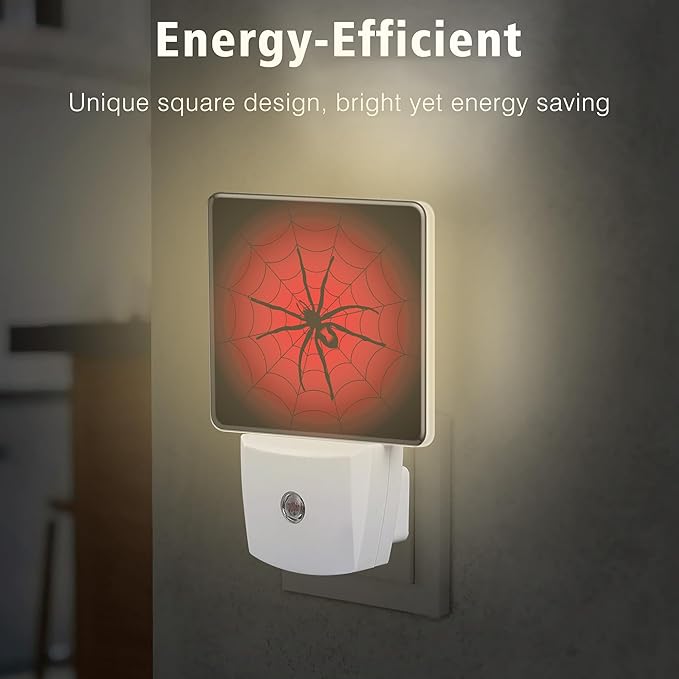 Red Spider Web Night Light Cobweb Trap Gossamer Plug in Night Lights LED Lamp with Dusk to Dawn Sensor Auto Energy Saving Square Lights for Bedroom Bathroom Hallway Home Wall Decor Nightlight