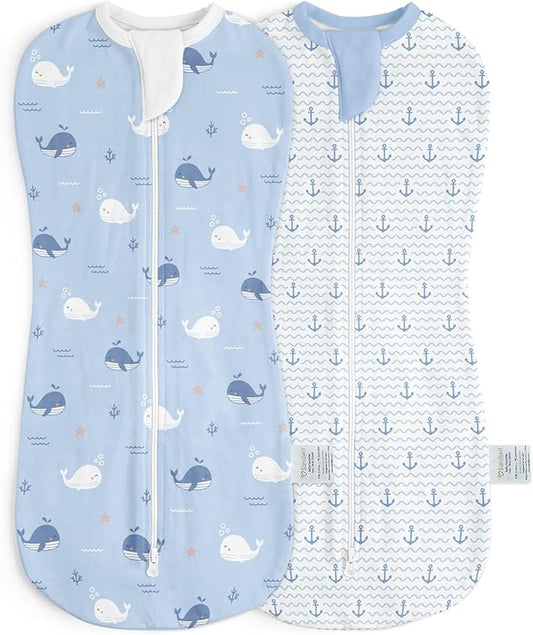 Baby Swaddle 0-2 Months, Cotton Arm-In Zipper Sleep Sack, Wearable Blankets Wrap for Newborn Infant Girls and Boys (Whale, Anchor, Pack of 2)