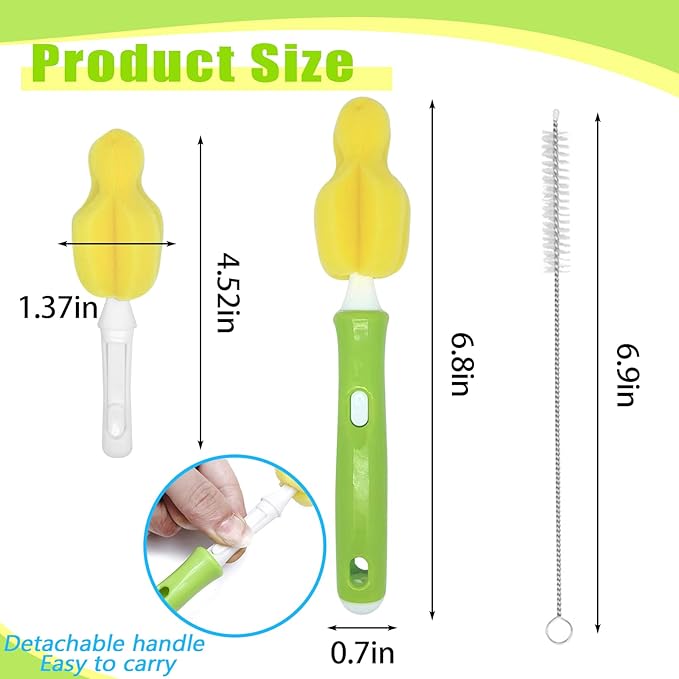 INVODA 12PCS Sponge Nipple Bottle Brushes, Baby Bottle & Nipple Cleaner with 4 Replacement Heads & 4 Straw Brushes (Yellow)