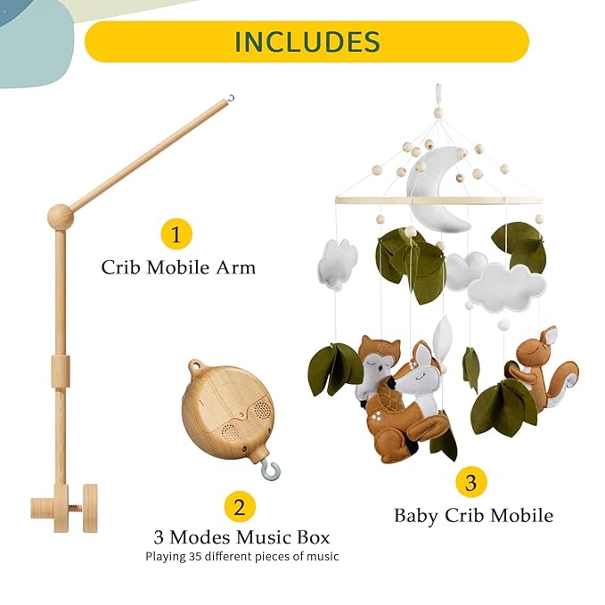 FEISIKE Woodland Animals Theme Bassinet Baby Nursery Mobiles with Modes Digital Music Box 3In1 Set-34 Inch Wooden Mobile Arm for Crib Mobile Hanger for Crib Baby Nursery Decor
