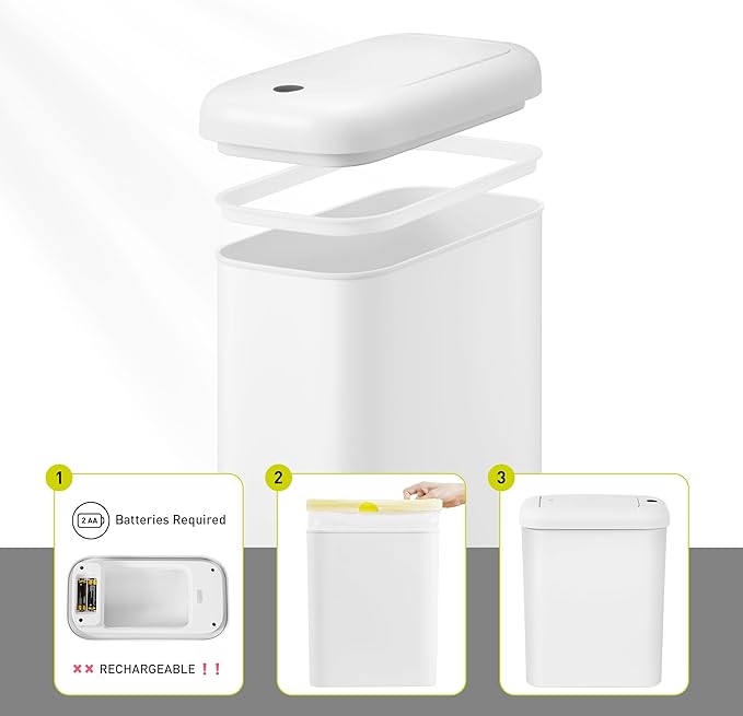 EKO Automatic Bathroom Trash Can with Lid, 2.6 Gallon Slim Touchless Garbage Can, Waterproof Motion Sensor Trash Bin for Bathroom, Office, Kitchen, White