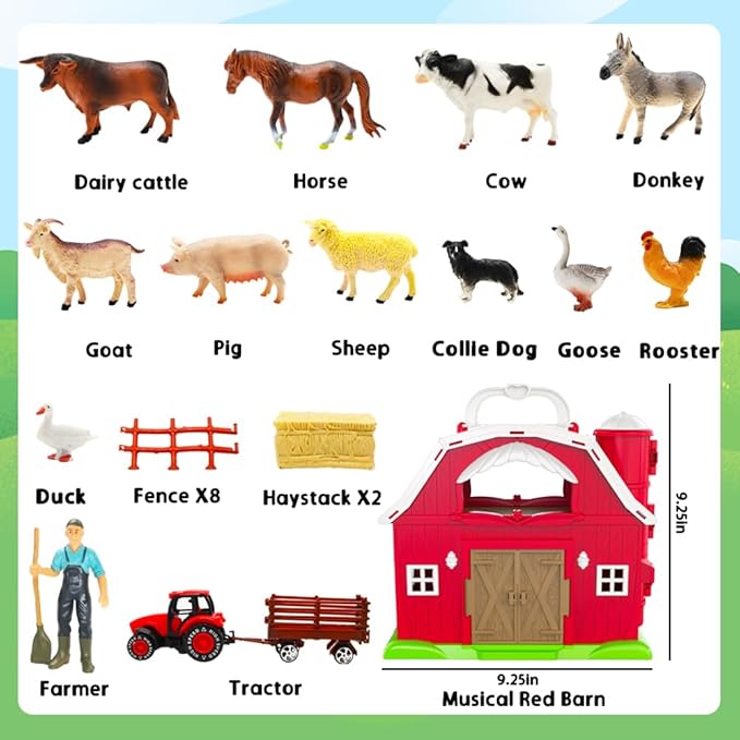 Big Red Barn Toys for Toddlers 1-3, Farm Animal Figures Playset with Tractor for 2 3 4 5 Year Old Kids, Musical Preschool Montessori STEM Learning Toys, Christmas Birthday Easter Gift for Boys Girls
