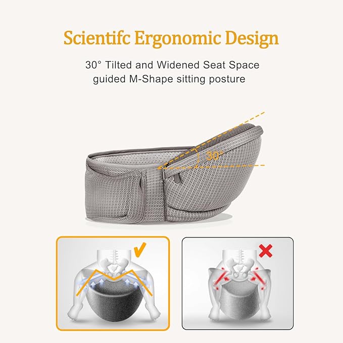 Baby Hip Carrier - Hip Carrier for Baby with Baby Safety Strap - Toddler Carrier 7-45 lbs - Ergonomic Infant Holder Baby Carrier with Hip Seat Large Capacity Pockets（Light Grey）