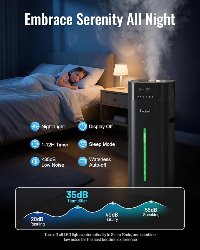 Cool and Warm Mist Humidifier Large Room, 5.3Gal/20L Humidifiers for Home 2500 sq ft, Whole House Humidifiers with Diffuser Extended Tube, Air Humidifier for Bedroom Nursery Baby Plants Black