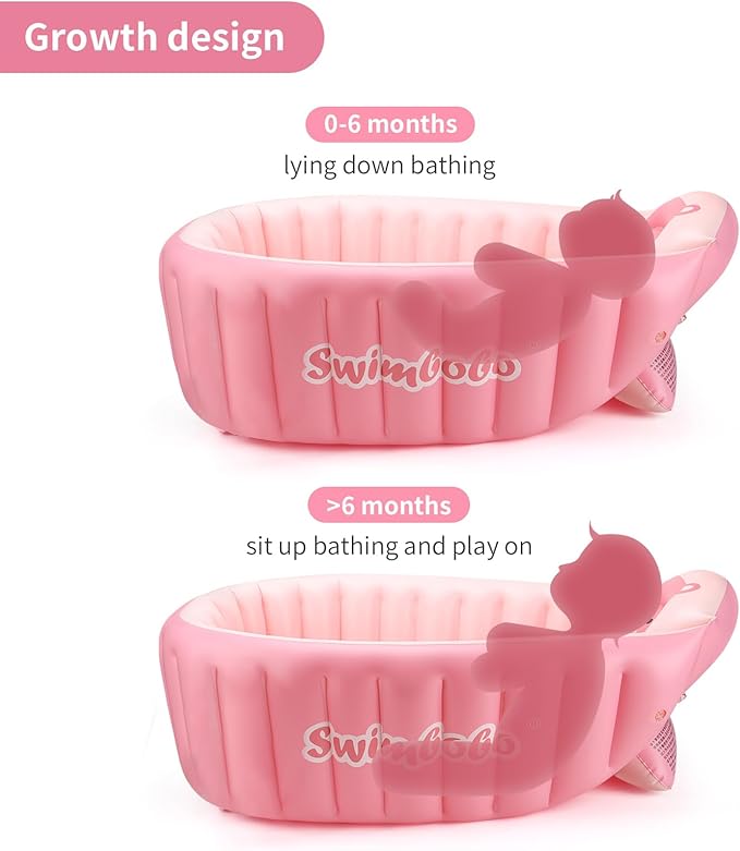 Swimbobo Inflatable Baby Bath Tub Portable Foldable Travel Mini Swimming Pool Helps Infants to Toddler Tub (Pink)