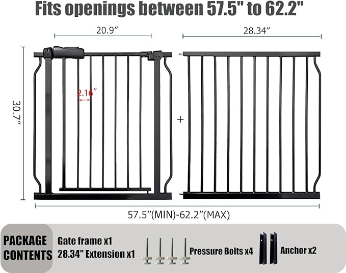 Extra Wide Baby Gate, 57.5-62 Inch - Black Metal, Pressure Mounted Indoor Safety Gate, Walk-Through Dog Gate for Kids & Pets, 30 Inch Tall
