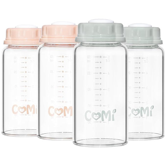 COMI Natural Glass Baby Bottle,Standard Neck Breastmilk Storage Bottle for Fridge,Breast Milk Container,Breast Pump Bottle Compatible with Medela Breast Pump,BPA Free,4PCS (5oz, 2 Gray+2 Pink)