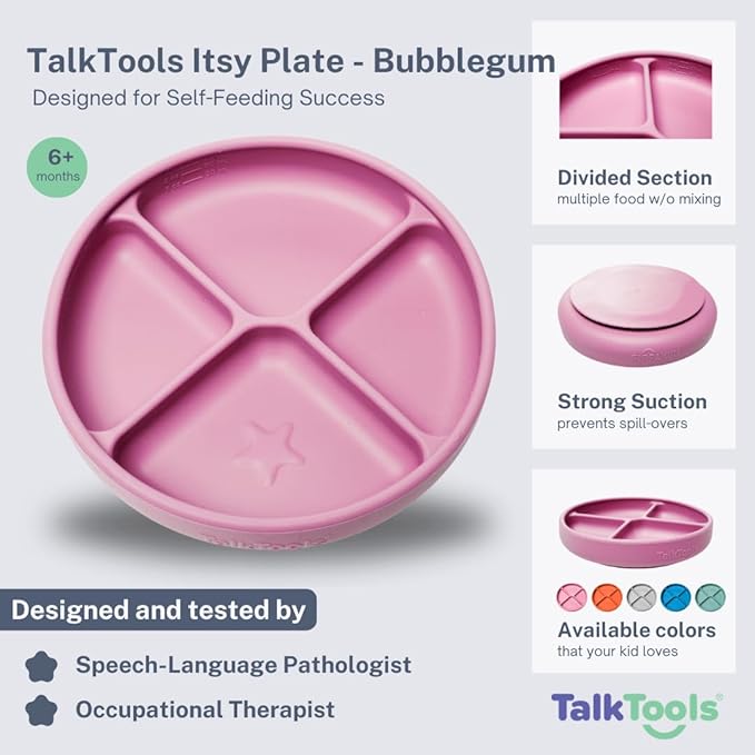 TalkTools Itsy Plate Must-Have Silicone Baby Plates with Suction | Non-Toxic Toddler Feeding Plate | Divided Portion | BPA-Free, Easy-Clean, Travel-Friendly Baby Dishware - Made in USA (Bubblegum)