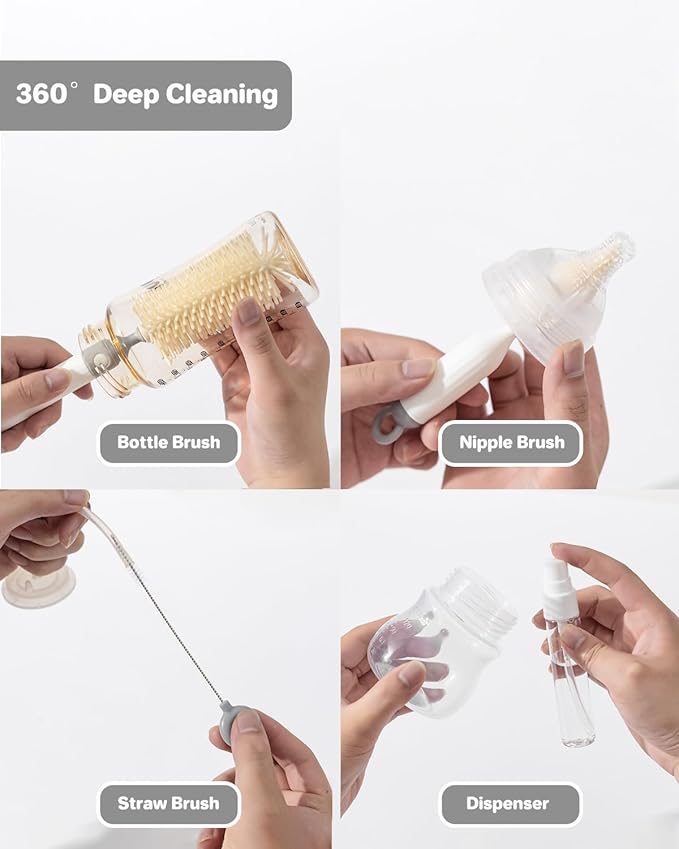 Travel Bottle Cleaner Kit, 6-in-1 Baby Bottle Brush with Silicone Bottle Brush, Nipple Brush, Straw Brush, Drying Rack, Dispenser, Organizer, Baby Travel Essential, Gifts for New Mom - Green