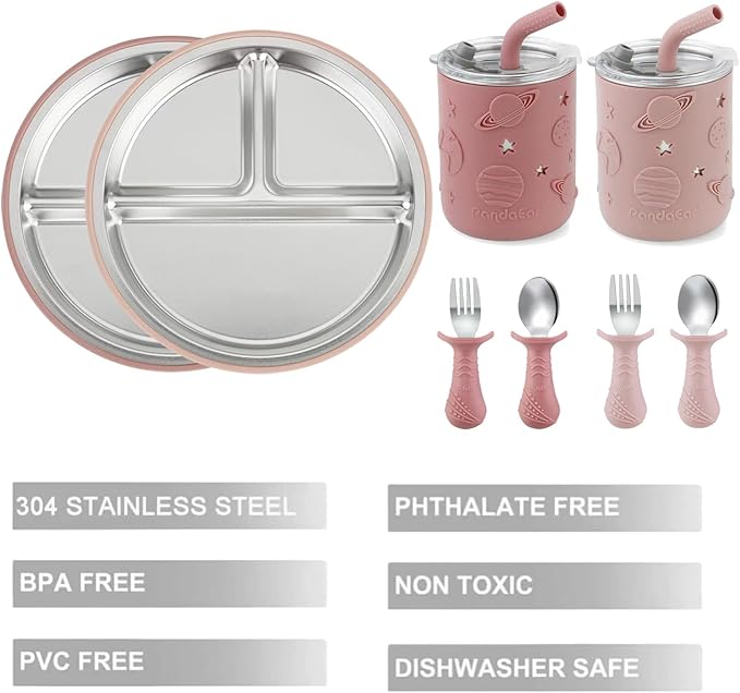 PandaEar Stainless Steel Baby Feeding Set | 2 Divided Suction Plates, 2 Spill-Proof Straw Cups with Silicone Sleeves, 2 Forks & 2 Spoons | Toddler Utensils for Baby Led Weaning, BPA-Free