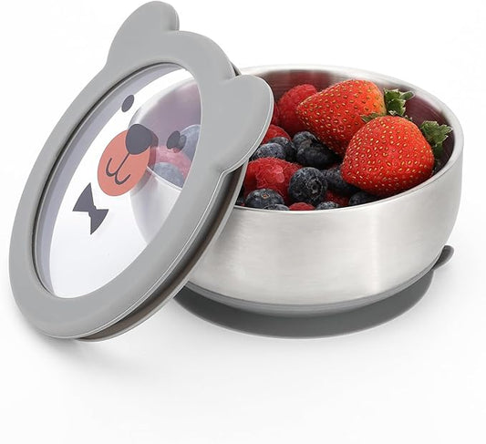 MR. CHOU Baby Bowls with Non-Slip Silicone Suction Cup, Insulated Double-Layer 304 Stainless Steel Toddler Bowls with BPA Free Airtight Lids, Food-Grade Silicone Safe for Kids (Gray)