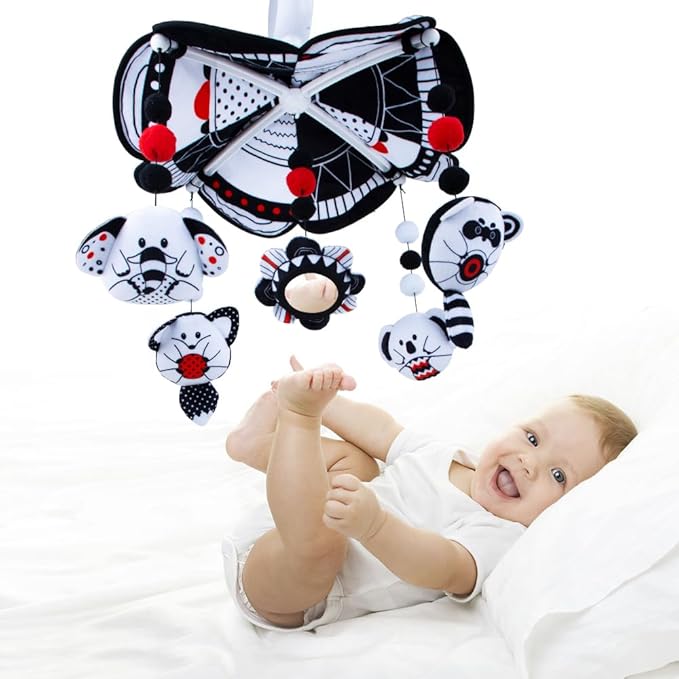 Baby Crib Mobile, Baby Mobile for Crib with Mirror, Black and White High Contrast Mobile Toy for Newborn Infants Boys and Girls, Baby Mobile Hanging Rotating Crib Toys Nursery Crib Toys, Knob Type