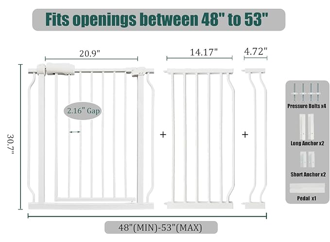48-53 Inch Extra Wide Baby Gate, Walk Through Safety Gate for House Doorways & Banisters, White Heavy-Duty Metal with Extension Kit