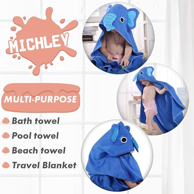 MICHLEY Animal Face Hooded Baby Towel Cotton Bathrobe for Boys Girls 0-6 Year Blue