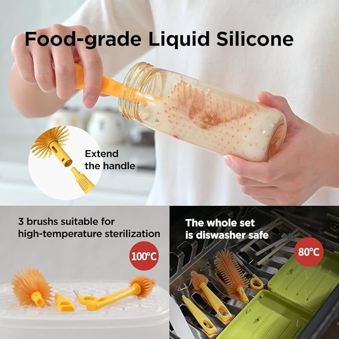 YOTIME Travel Bottle Brush, Travel Bottle Cleaner Kit with Foldable Bottle Drying Rack, for Visit Friends and Relations, Baby Travel Essentials, BPA Free, Green