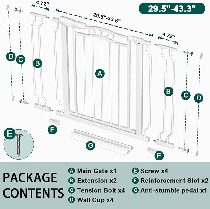 Fairy Baby 29.5"-43.7" Extra Wide Baby Gate No Drilling, 30" Tall Auto Close Press Mounted Baby Gate for Doorways, Adjustable Width Walk Through Dog Pet Gates, White