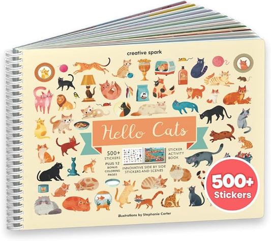 Cupkin Hello Cats Sticker Book Activity for Kids, Toddler Airplane Travel Essentials, 500+ Stickers for Kids 12 Scenes + Coloring Book Pages, Cat Gift Girls and Boys, Children's Crafts Ages 2-8