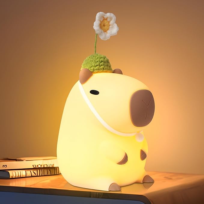 Cute Capybara Night Light, Squishy Animal Flower Lamp with USB Rechargeable Timer Dimmable, Best Nursery Nightlight Home Bedside Decor Birthday Christmas Gift for Kids Women