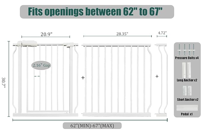 62-67 Inch Extra Wide Baby Gate, Walk Through Metal Safety Gate for Large Doorways & Hallways, White Heavy-Duty with Extension Kit