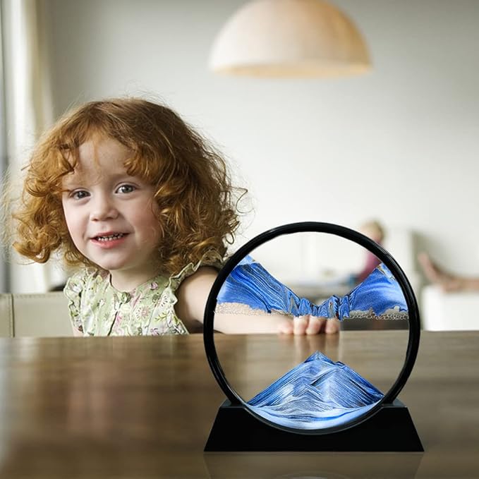 Aoderun Moving Sand Art Picture Round Glass 3D Deep Sea Sandscape in Motion Display Flowing Sand Frame Relaxing Desktop Home Office Work Decor (7", Blue)