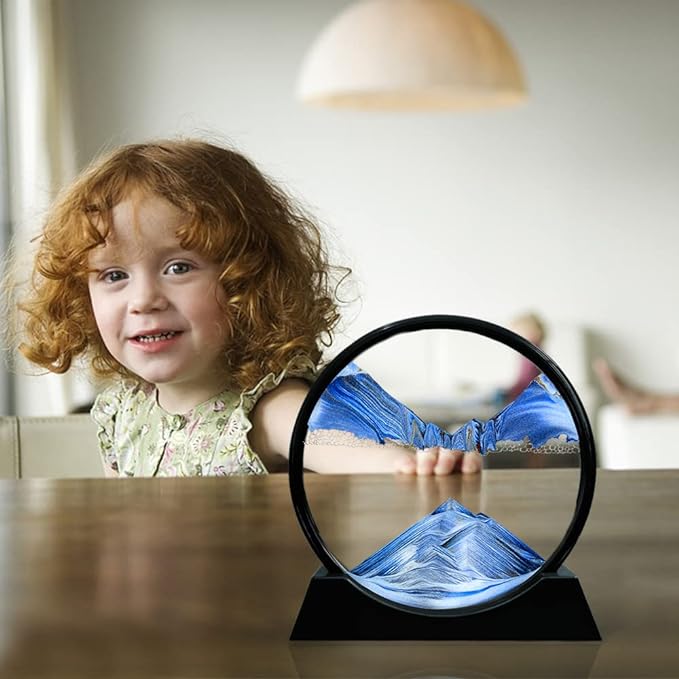 Aoderun Moving Sand Art Picture Round Glass 3D Deep Sea Sandscape in Motion Display Flowing Sand Frame Relaxing Desktop Home Office Work Decor (7", New Blue)